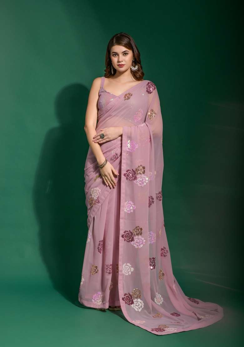Pink Sequin Embroidered Georgette Saree Set - Indya