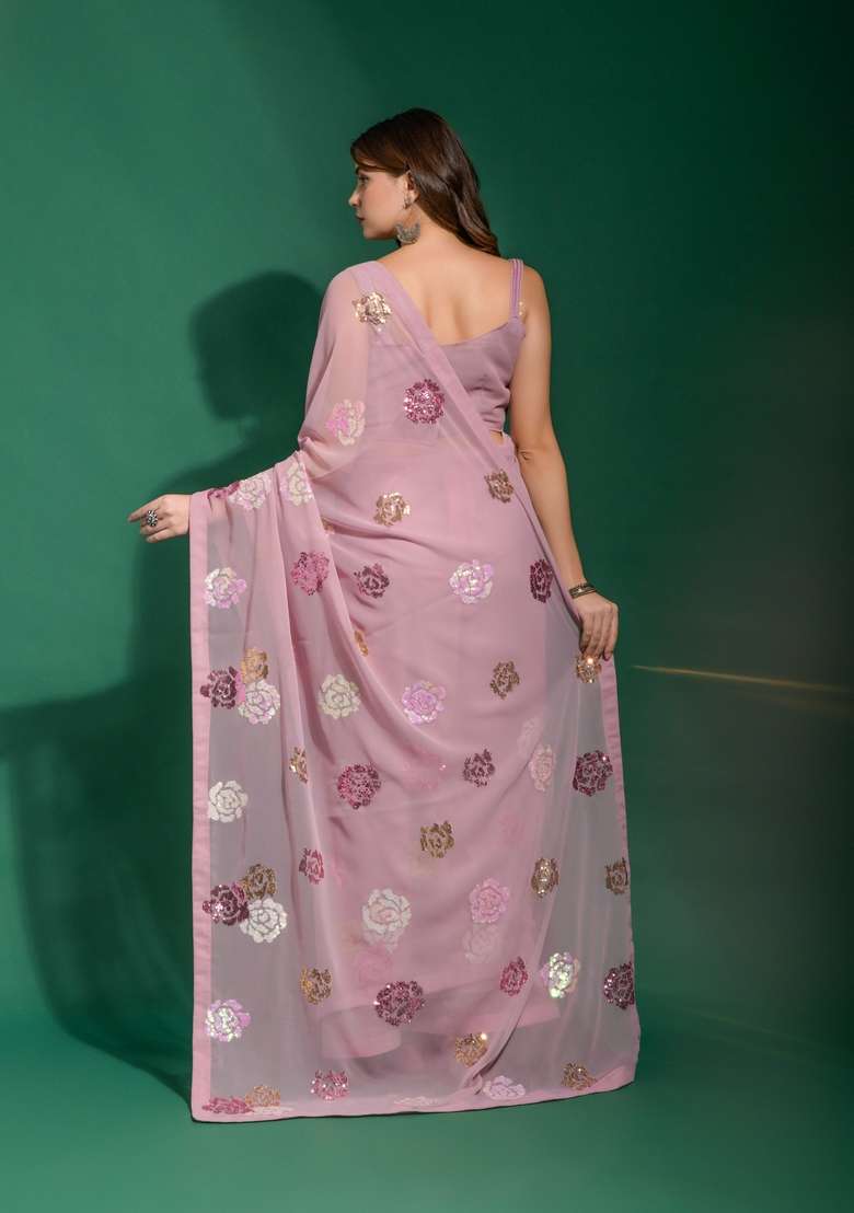 Pink Sequin Embroidered Georgette Saree Set - Indya