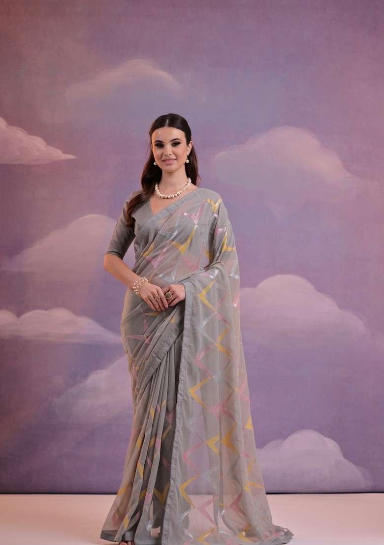 Grey Sequin Embroidered Georgette Saree Set - Indya