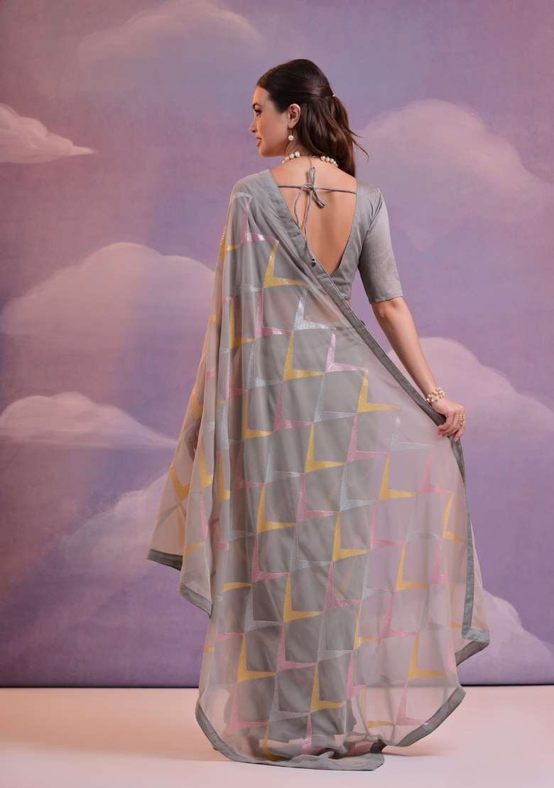 Grey Sequin Embroidered Georgette Saree Set - Indya