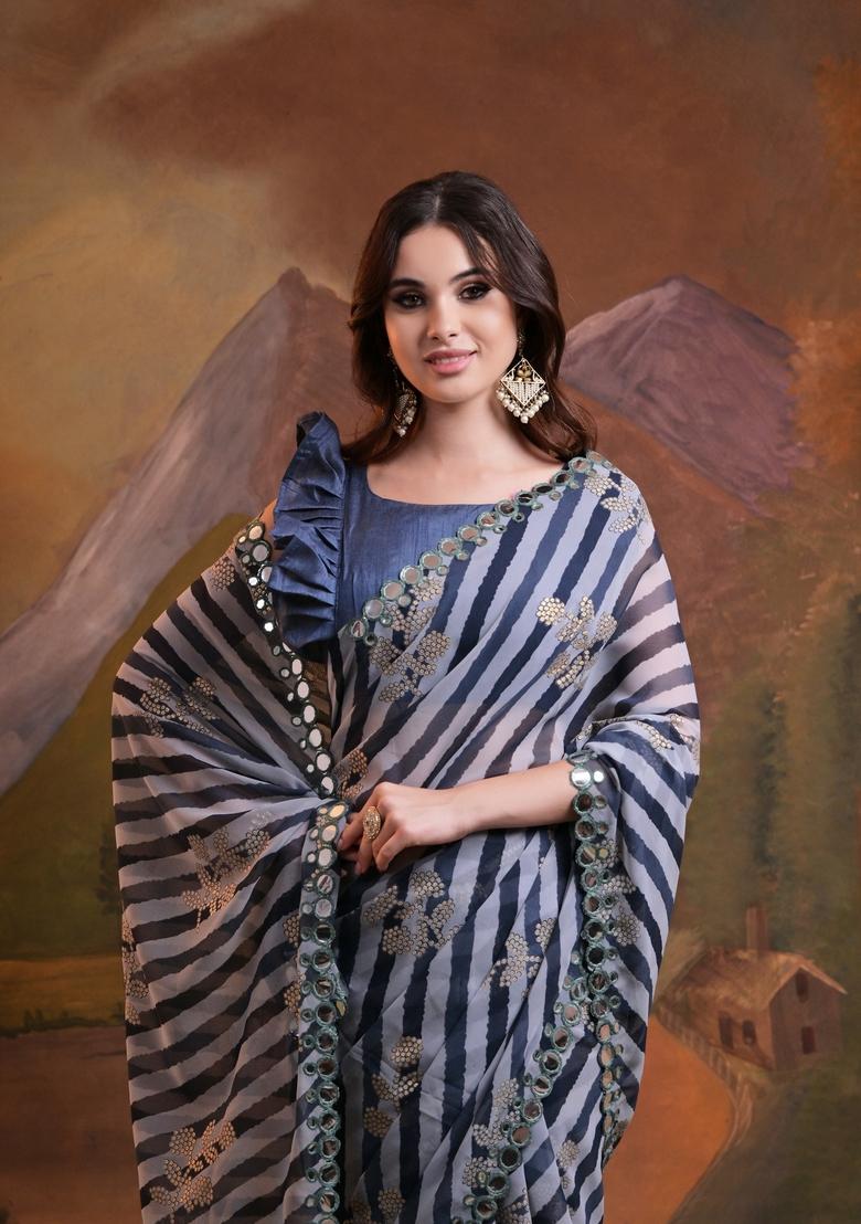 Grey Mirror Work Georgette Saree Set