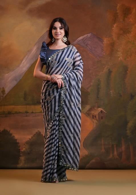 Grey Mirror Work Georgette Saree Set
