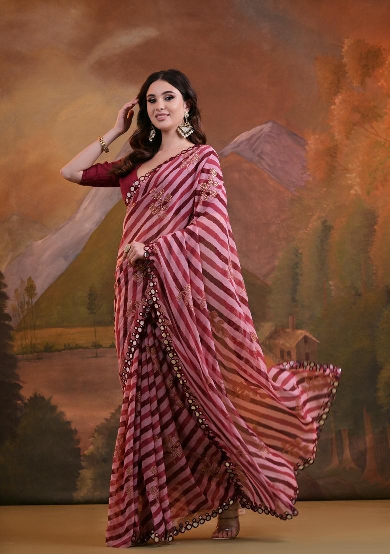 Maroon Mirror Work Georgette Saree Set