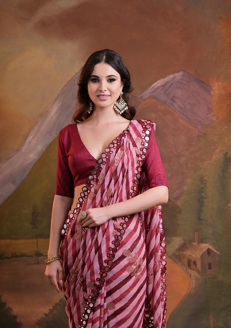 Maroon Mirror Work Georgette Saree Set