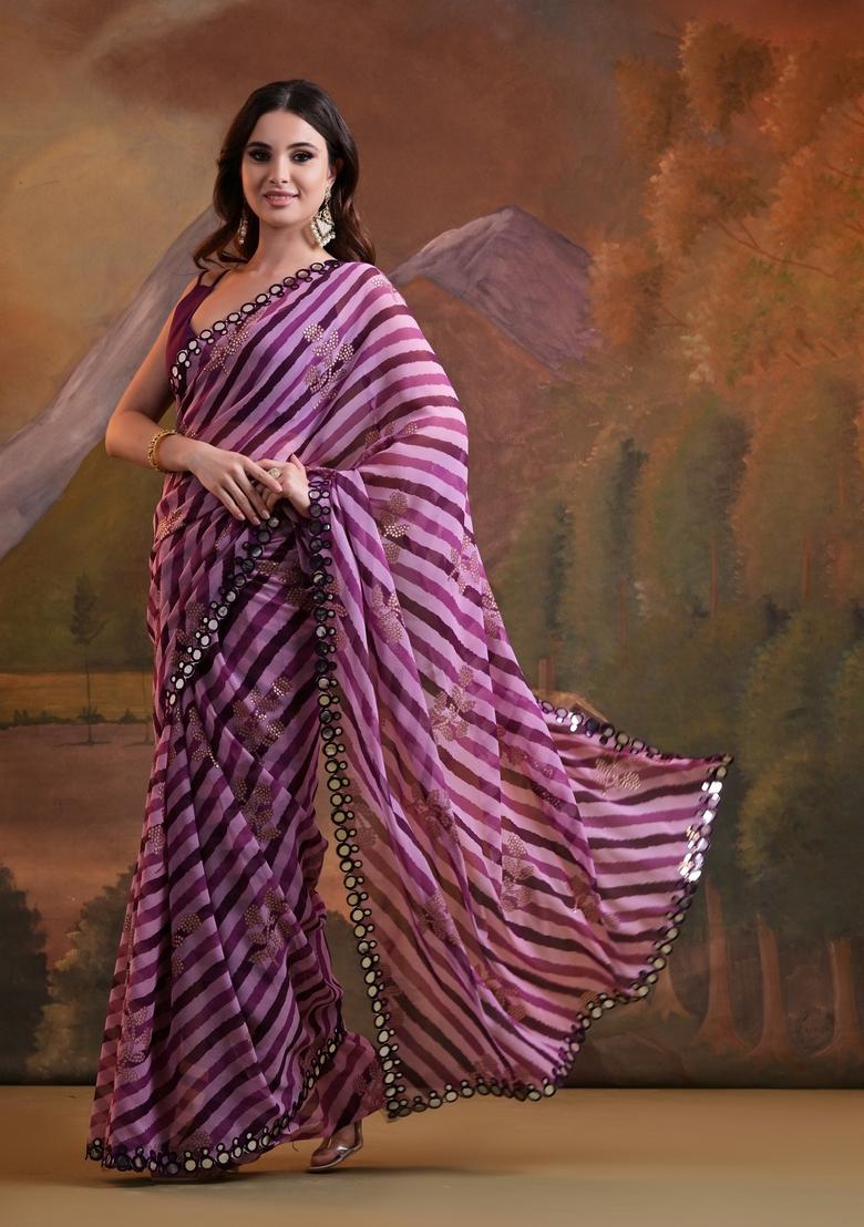 Wine Mirror Work Georgette Saree Set