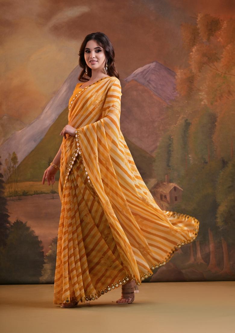 Yellow Mirror Work Georgette Saree Set