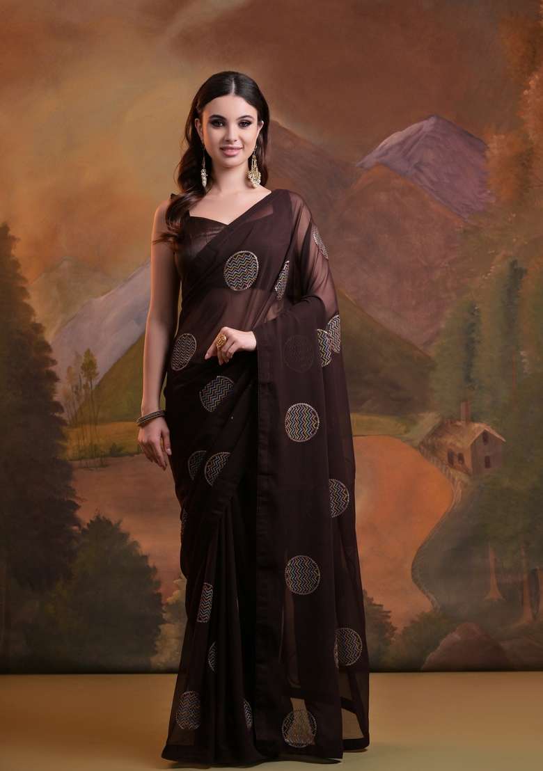 Brown Sequin Embroidered Georgette Saree Set - Indya