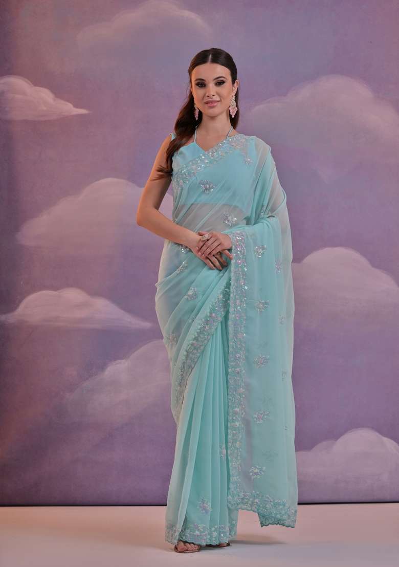 Blue Sequin Embroidered Georgette Saree Set - Indya