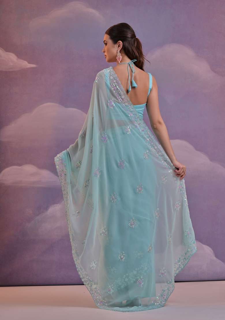 Blue Sequin Embroidered Georgette Saree Set - Indya