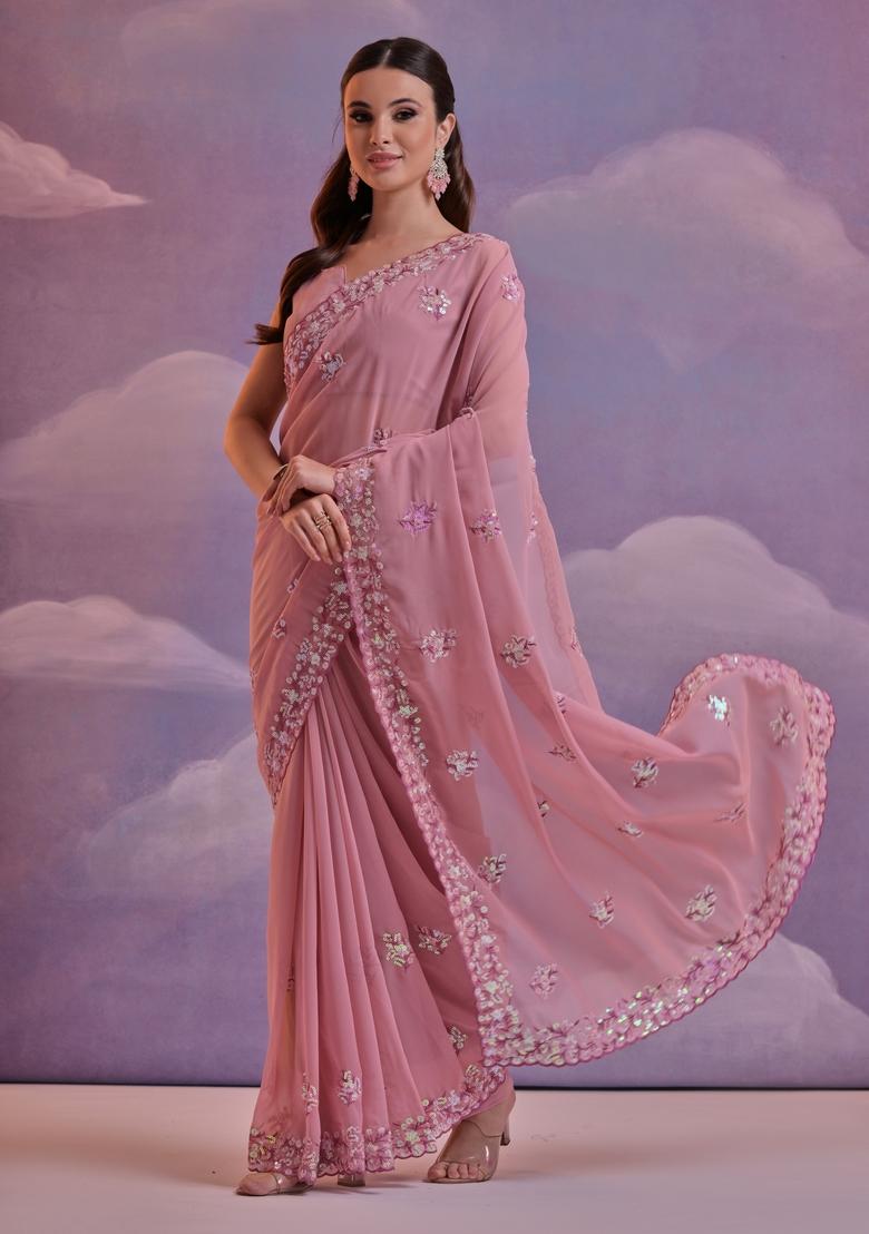 Onion Sequin Embroidered Georgette Saree Set