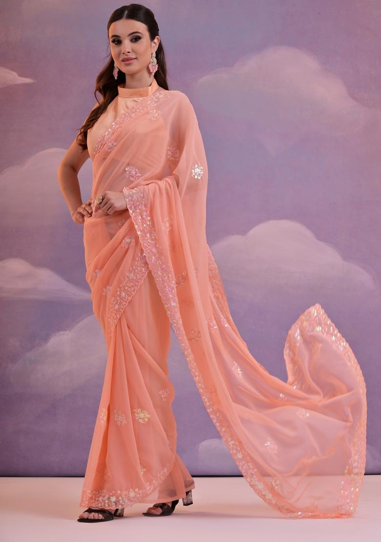 Orange Sequin Embroidered Georgette Saree Set