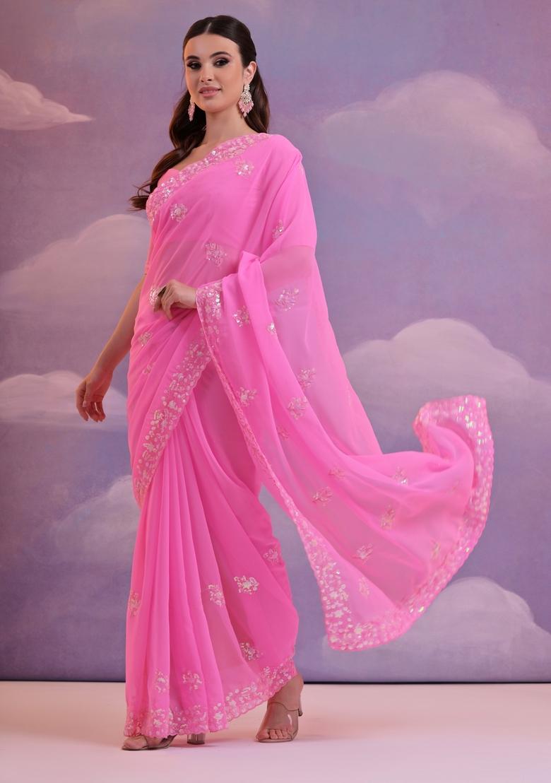 Pink Sequin Embroidered Georgette Saree Set