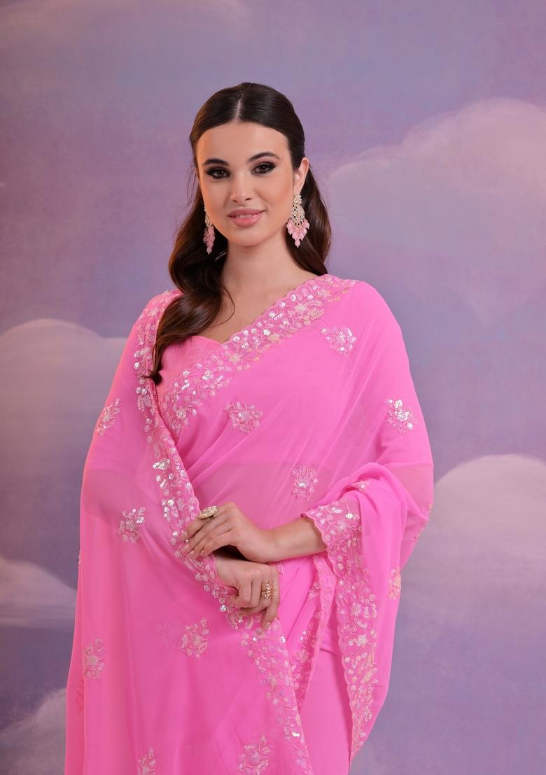 Pink Sequin Embroidered Georgette Saree Set