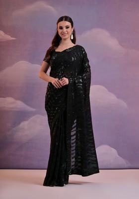 Black & Geen Sequin Embroidered Georgette Saree Set