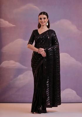 Black & Wine Sequin Embroidered Georgette Saree Set