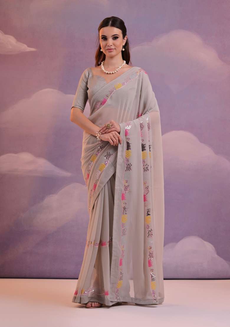 Grey Sequin Embroidered Georgette Saree Set - Indya