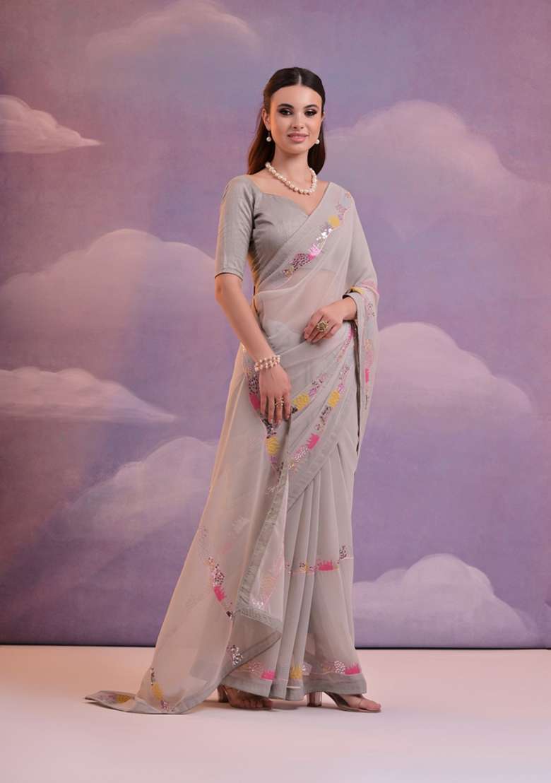 Grey Sequin Embroidered Georgette Saree Set - Indya