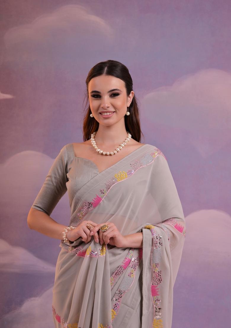 Grey Sequin Embroidered Georgette Saree Set