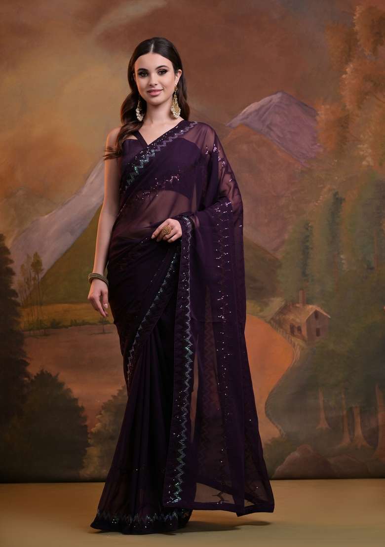 Wine Sequin Embroidered Georgette Saree Set - Indya