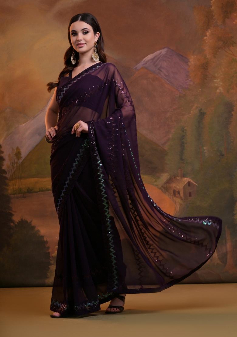 Wine Sequin Embroidered Georgette Saree Set