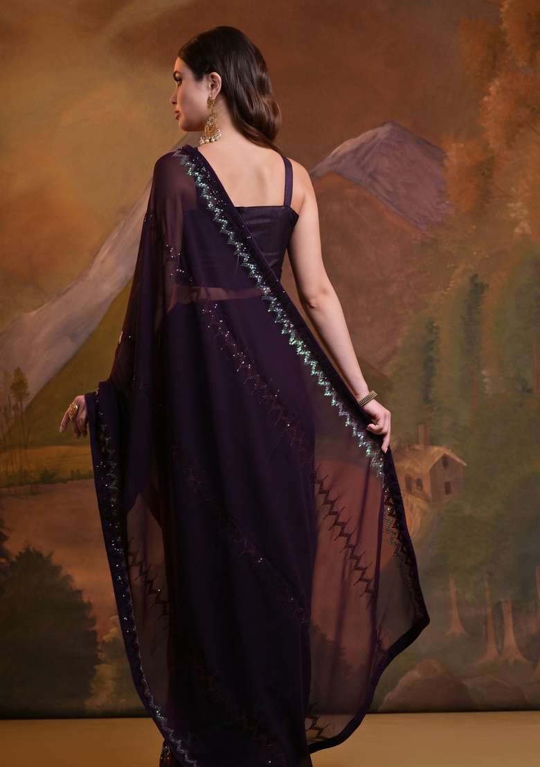 Wine Sequin Embroidered Georgette Saree Set - Indya