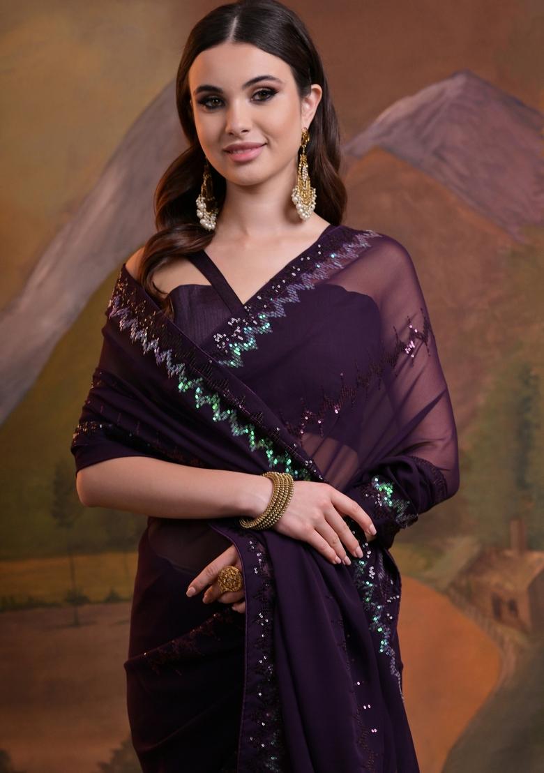 Wine Sequin Embroidered Georgette Saree Set