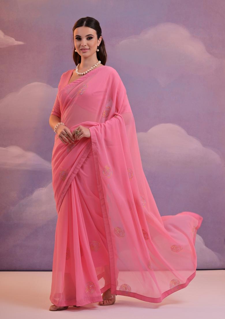 Pink Sequin Embroidered Georgette Saree Set
