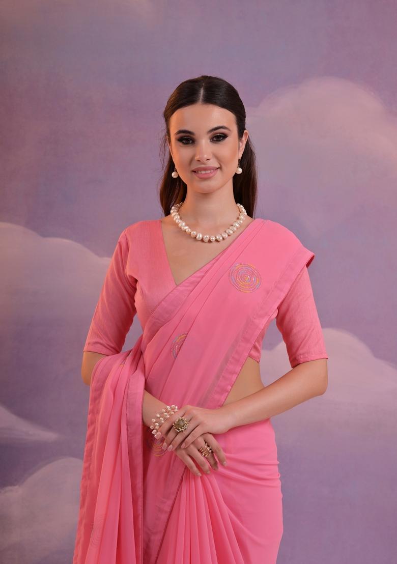 Pink Sequin Embroidered Georgette Saree Set