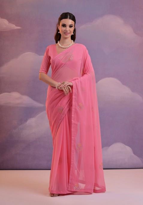 Pink Sequin Embroidered Georgette Saree Set