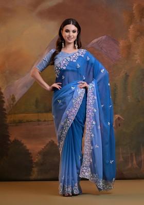 Blue Sequin Embroidered Georgette Saree Set