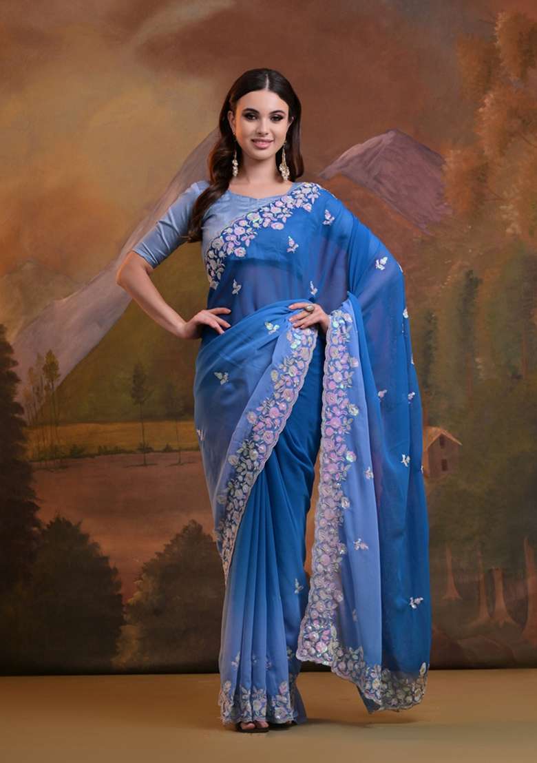 Blue Sequin Embroidered Georgette Saree Set - Indya