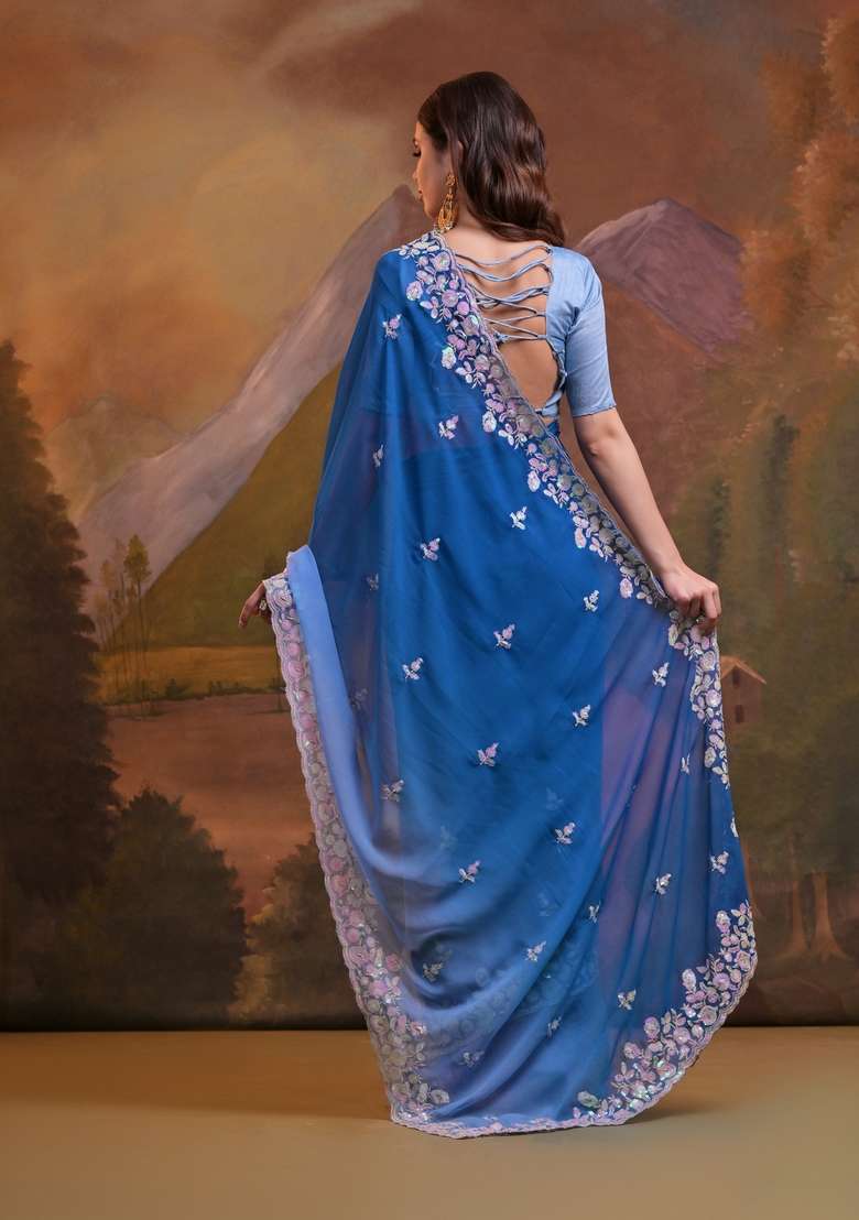 Blue Sequin Embroidered Georgette Saree Set - Indya