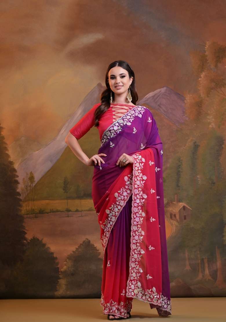 Pink Sequin Embroidered Georgette Saree Set - Indya