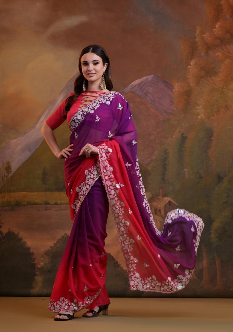 Pink Sequin Embroidered Georgette Saree Set