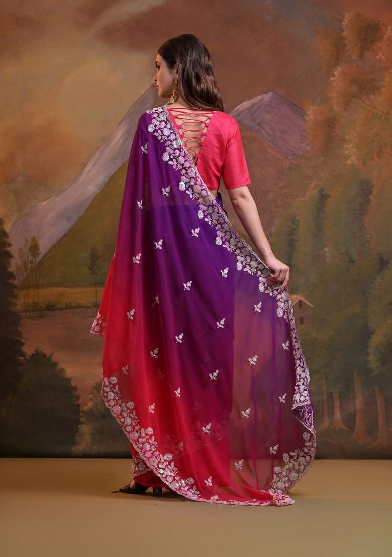 Pink Sequin Embroidered Georgette Saree Set - Indya