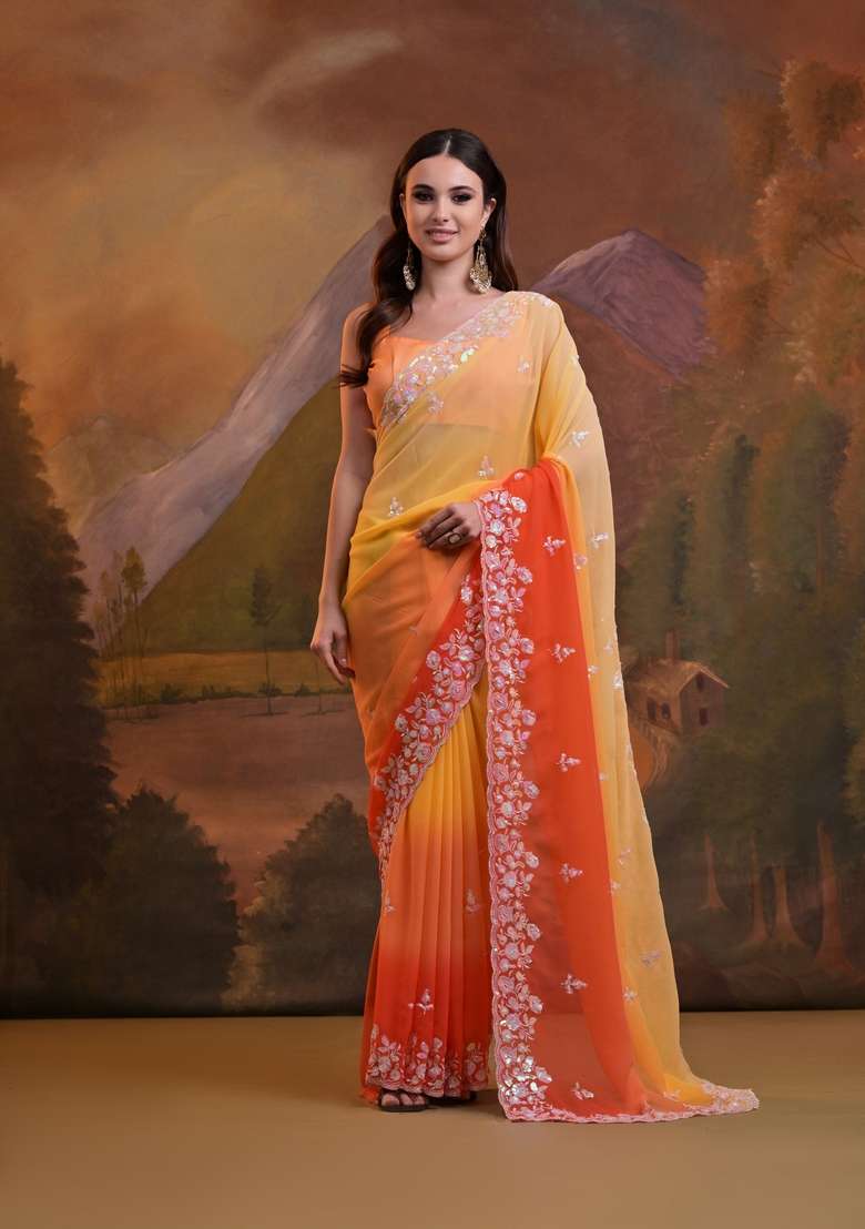 Yellow Sequin Embroidered Georgette Saree Set - Indya