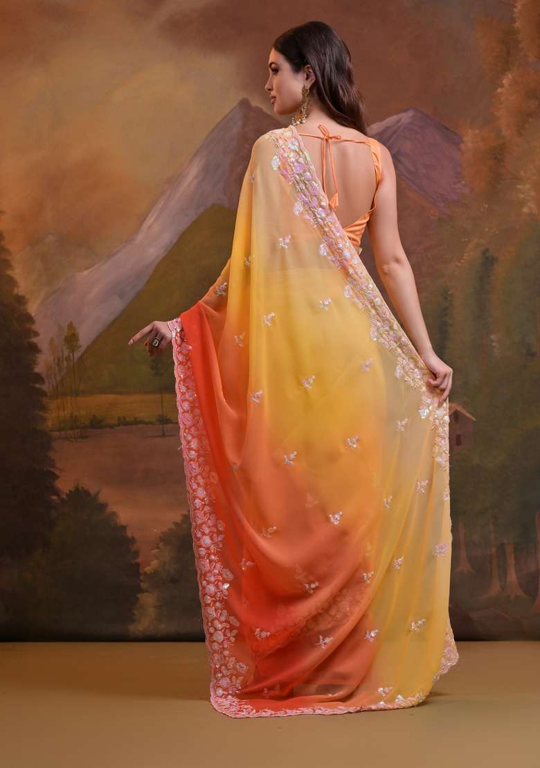 Yellow Sequin Embroidered Georgette Saree Set - Indya