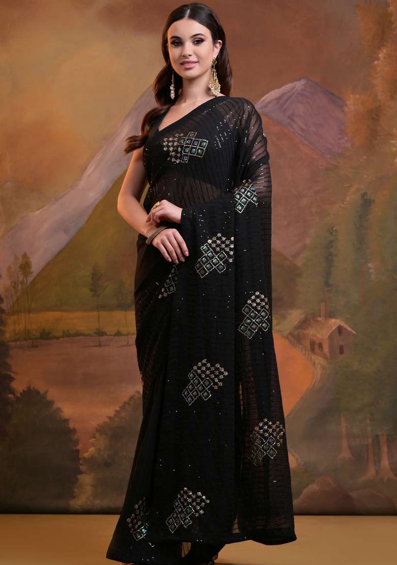 Black Sequin Embroidered Georgette Saree Set - Indya