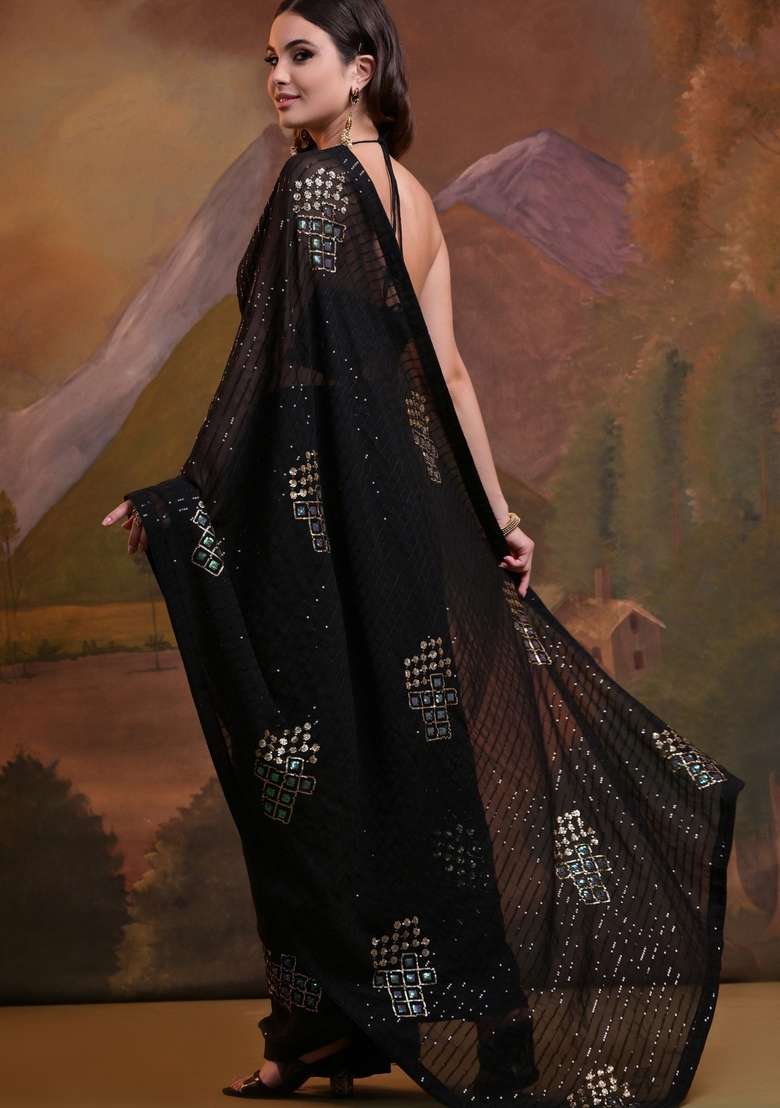Black Sequin Embroidered Georgette Saree Set - Indya