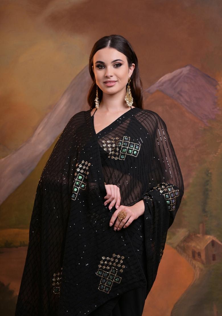 Black Sequin Embroidered Georgette Saree Set