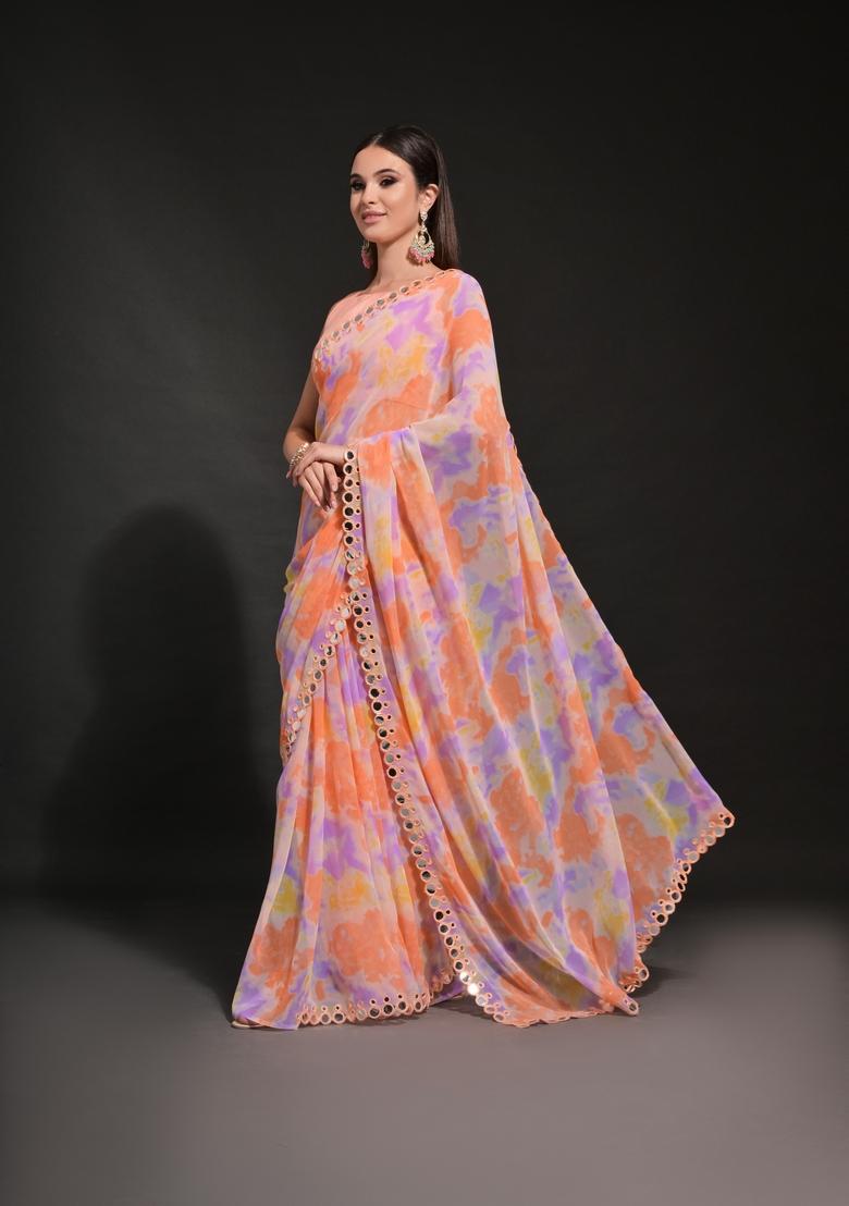 Orange Mirror Work Georgette Saree Set