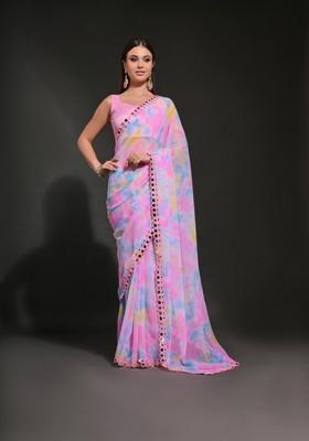 Pink Mirror Work Georgette Saree Set