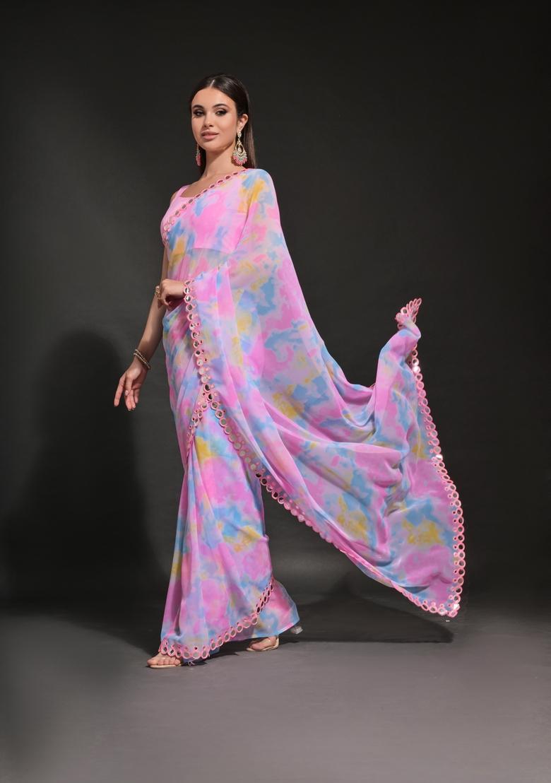 Pink Mirror Work Georgette Saree Set