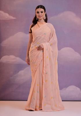 Peach Sequin Embroidered Georgette Saree Set