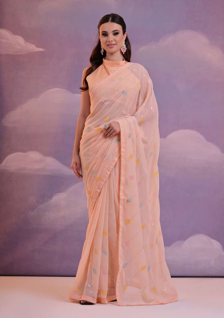 Peach Sequin Embroidered Georgette Saree Set - Indya