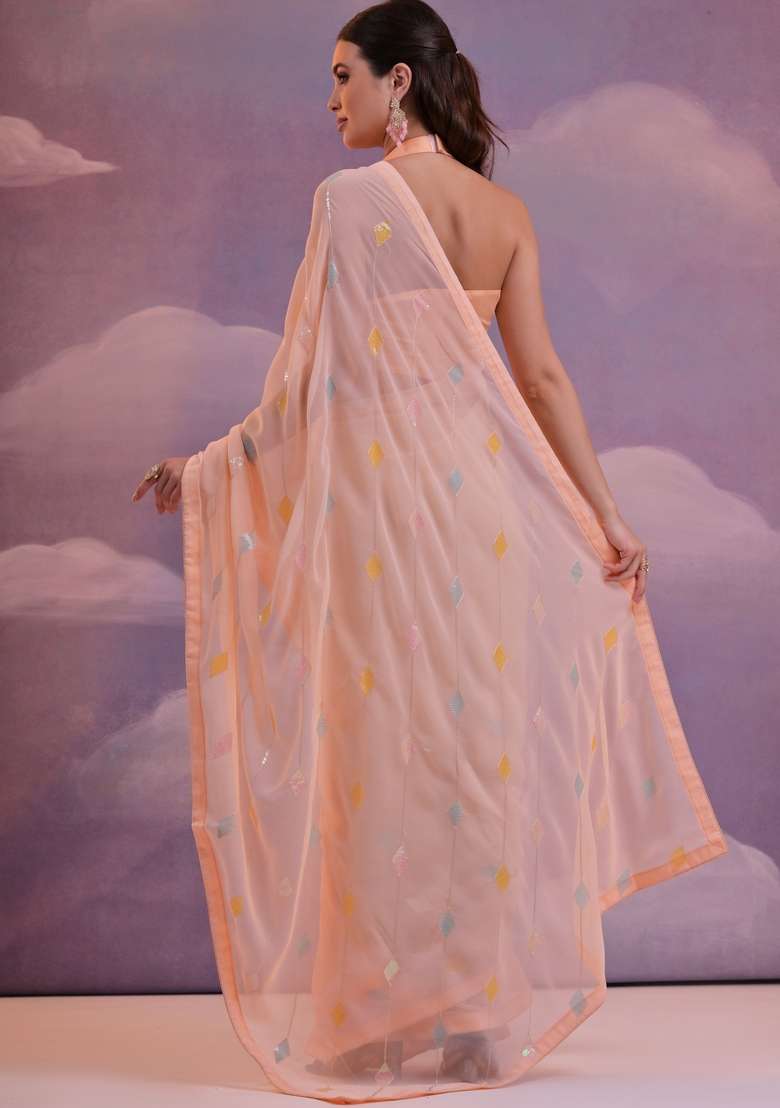Peach Sequin Embroidered Georgette Saree Set - Indya