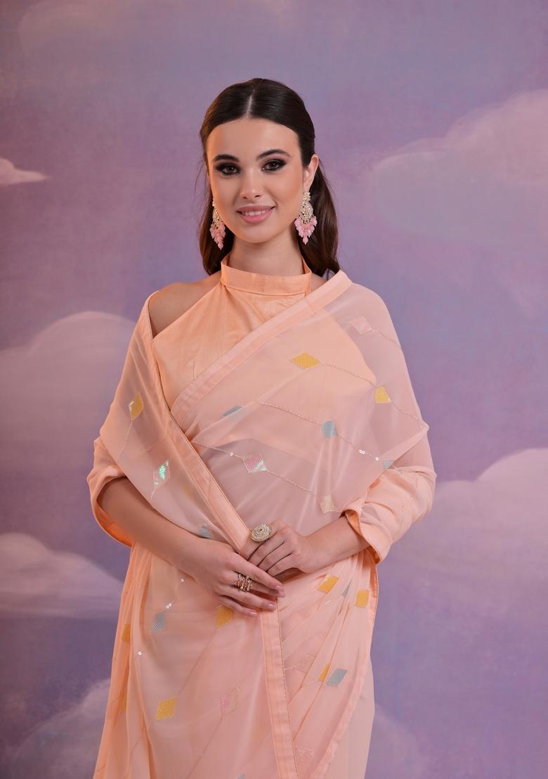 Peach Sequin Embroidered Georgette Saree Set