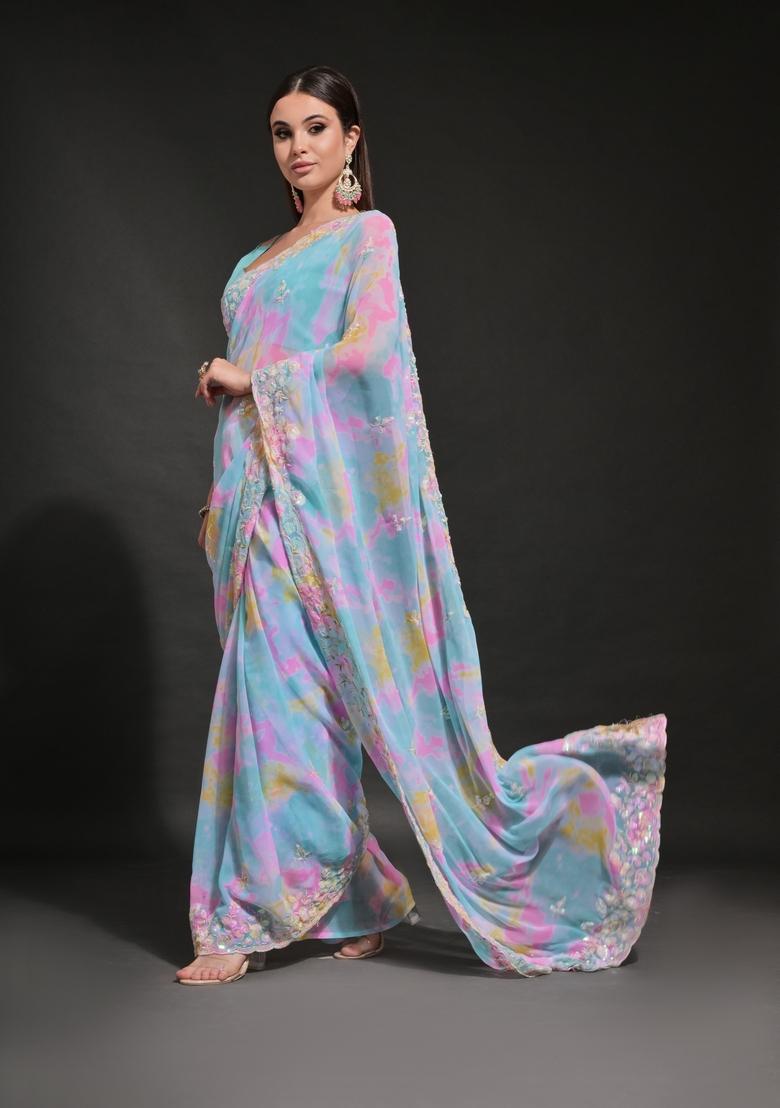 Blue Sequin Embroidered Georgette Saree Set