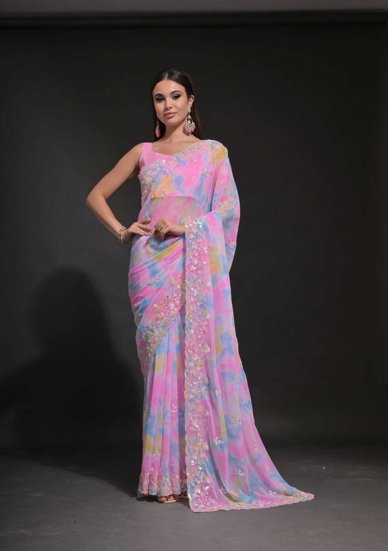 Pink Sequin Embroidered Georgette Saree Set - Indya