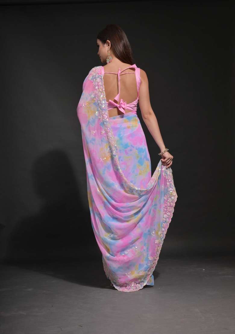 Pink Sequin Embroidered Georgette Saree Set - Indya